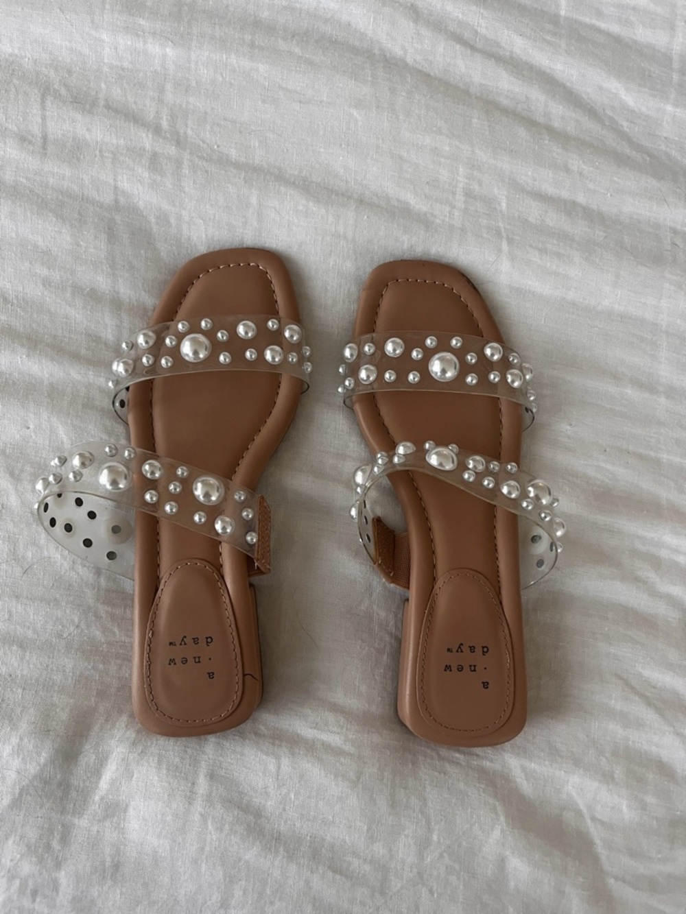 A New Day Women’s Tan Slide Sandals with Clear Pearl-Studded Straps Size 6